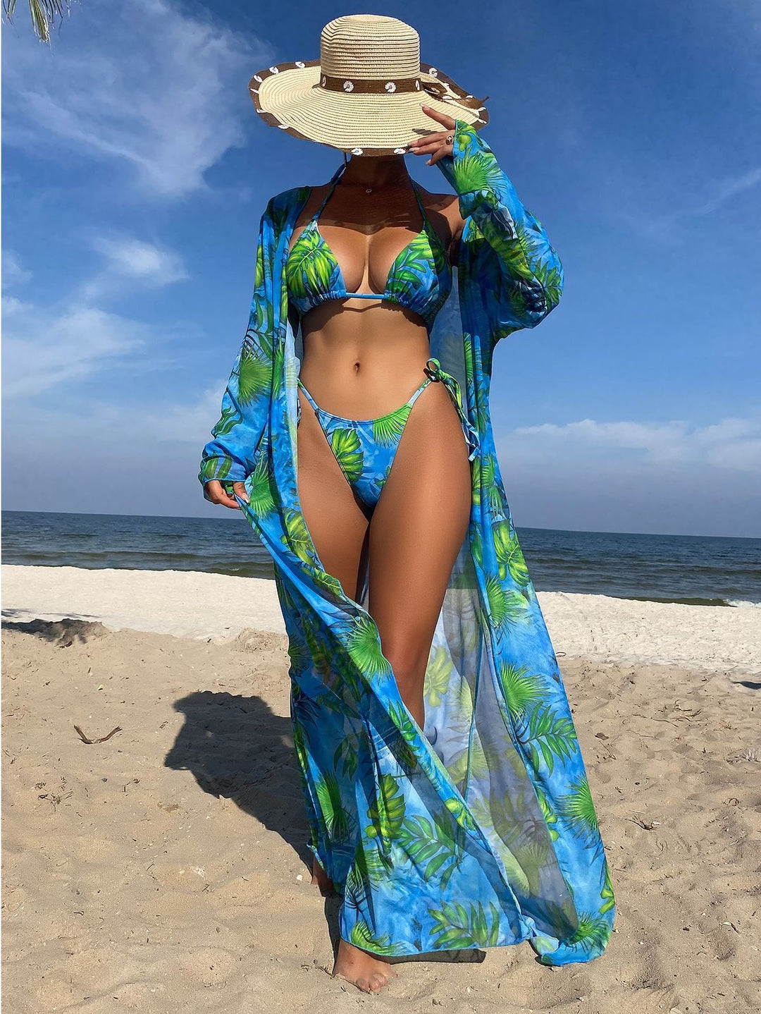 Green blue bikini with long kimono