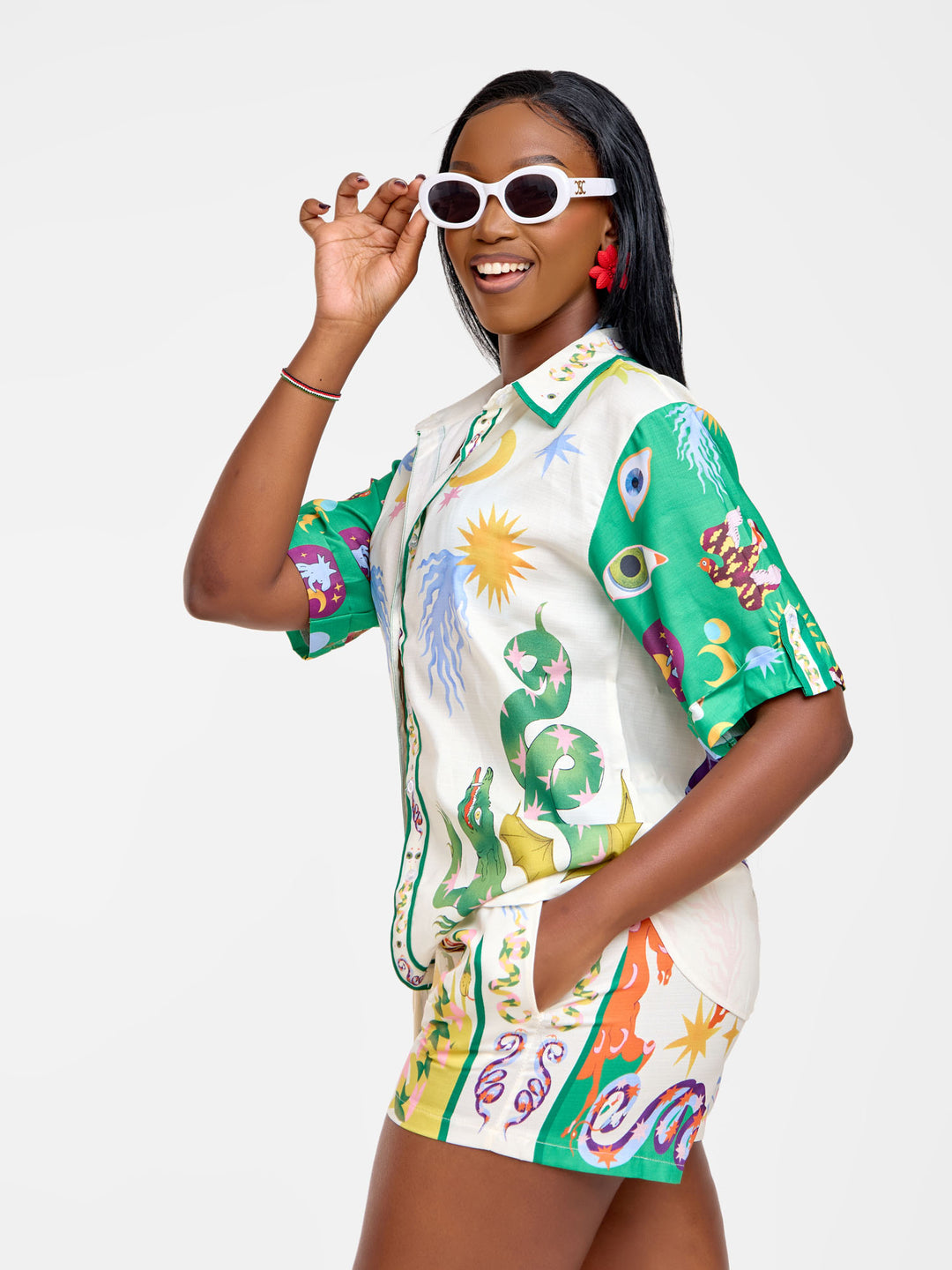 Bold print button down shirt & short set