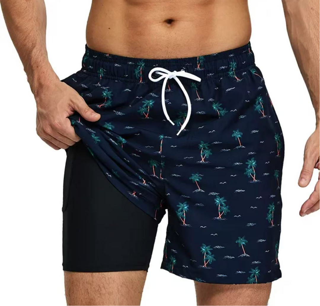 Palm print shorts with compression liner
