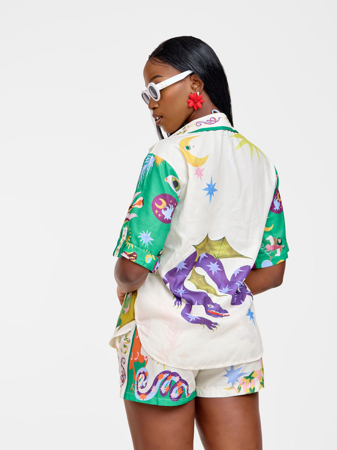 Bold print button down shirt & short set