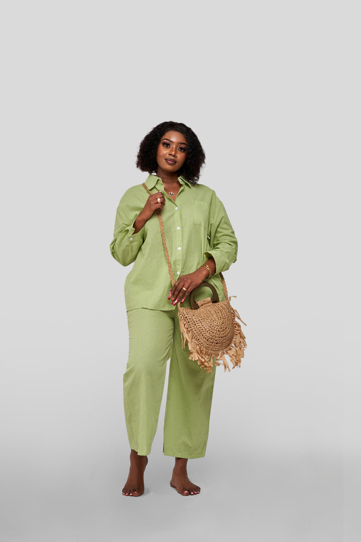 2pc linen blend pants set green
