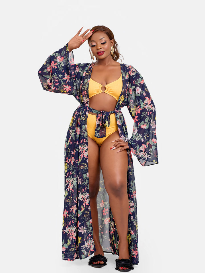 Floral belted kimono