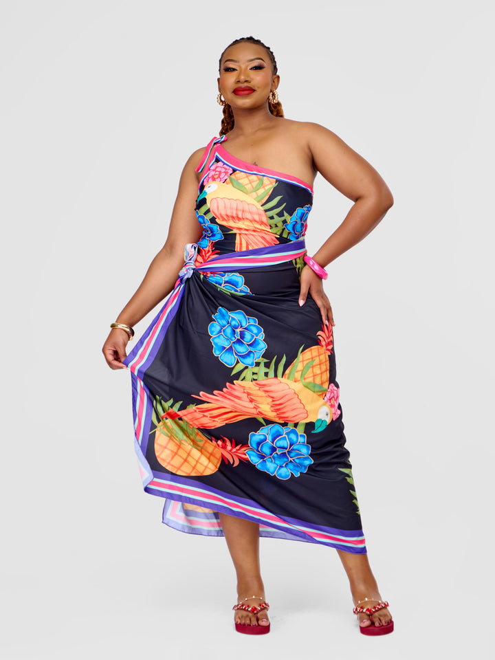 One-Shoulder One-Piece Swimsuit with Parrot Print & Matching Sarong