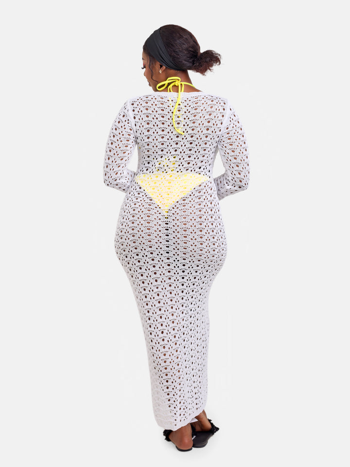 Long Sleeve White Knit Beach Dress