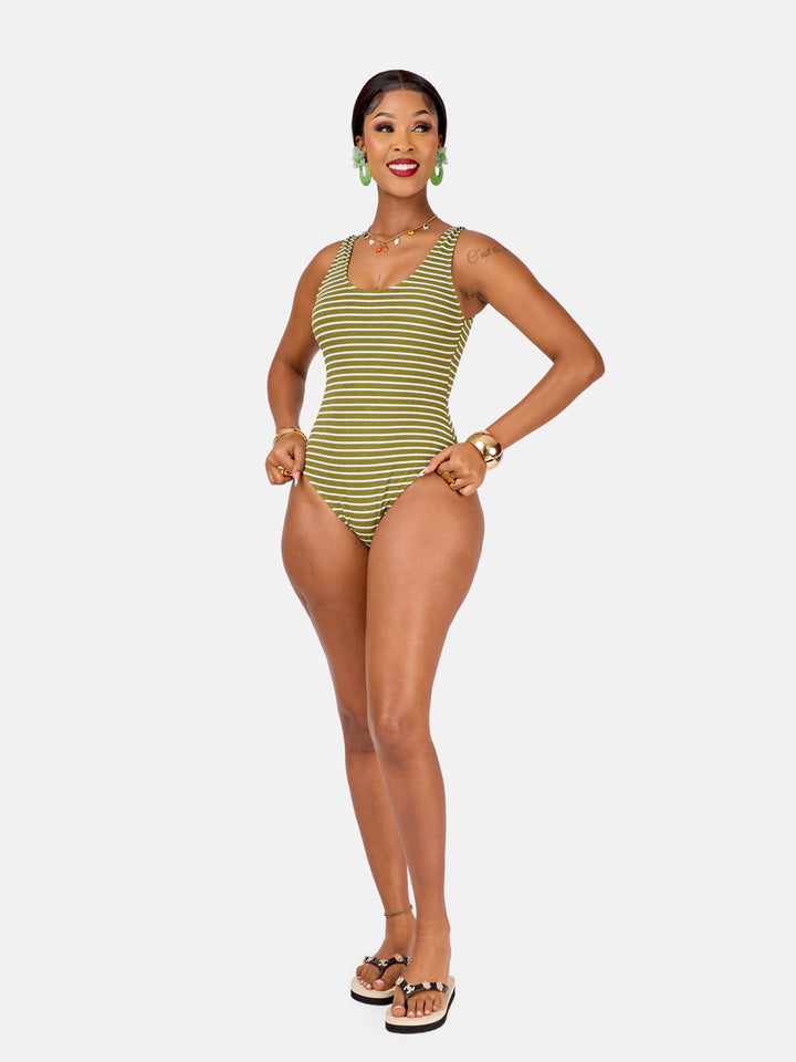 Olive stripe crinkle swimsuit