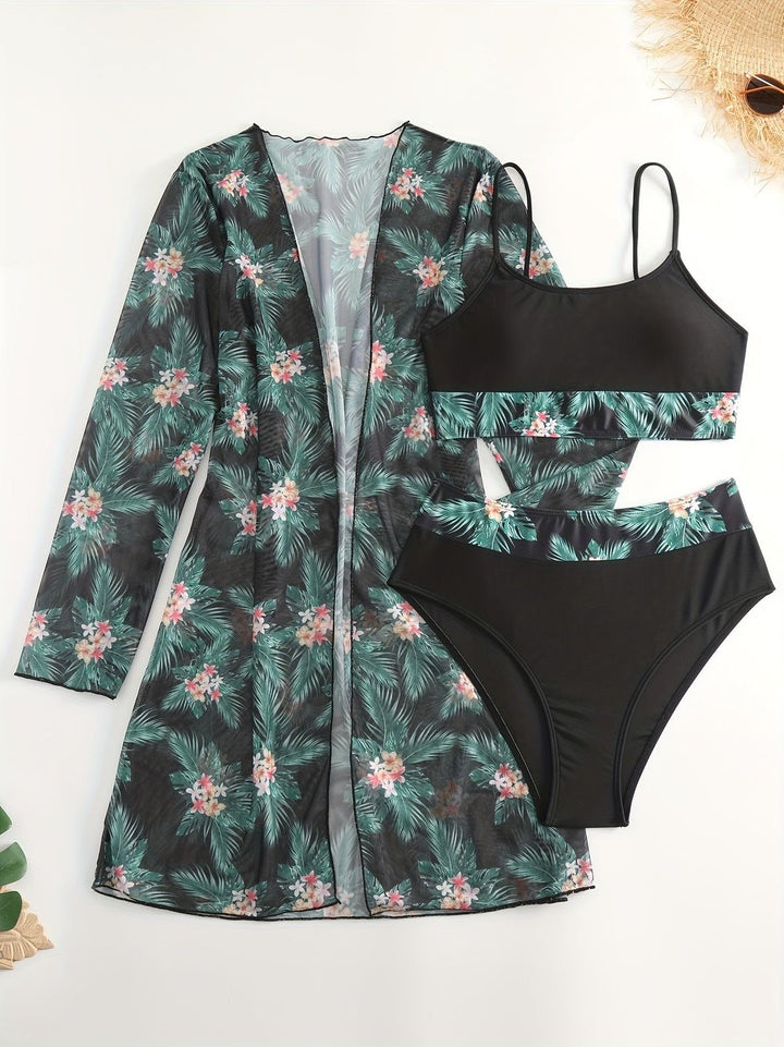 Tropical print high waist bikini with cover up