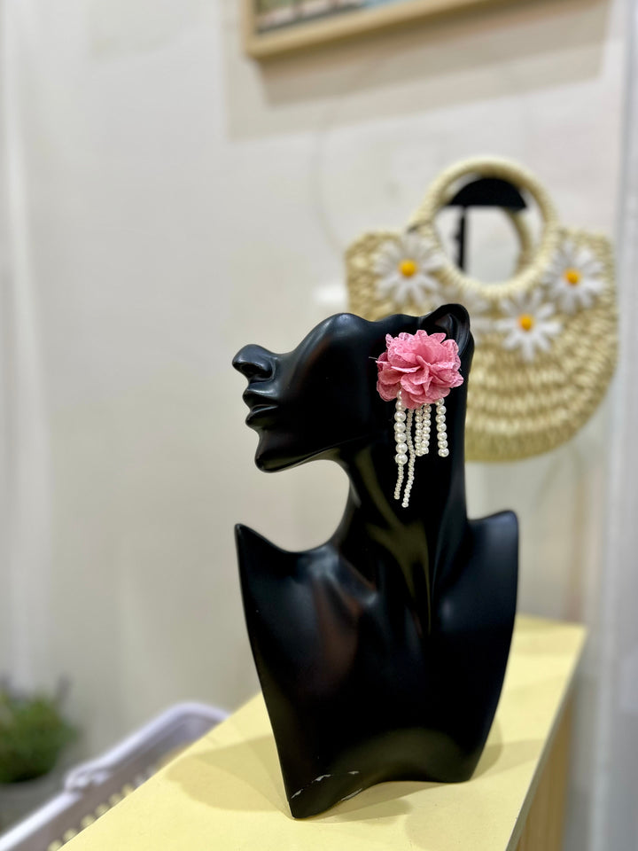 Pink floral pearl earrings