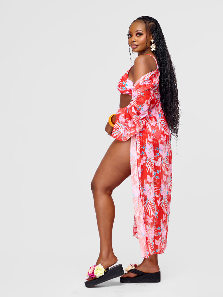 3pc floral high waist bikini with kimono