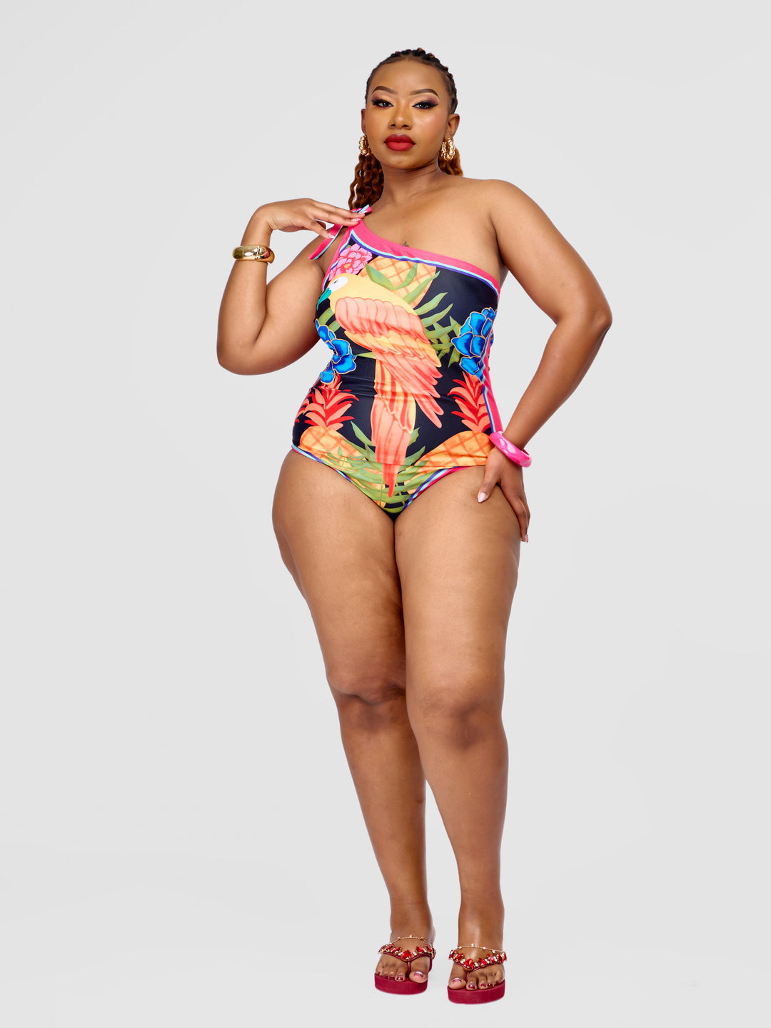 One-Shoulder One-Piece Swimsuit with Parrot Print & Matching Sarong
