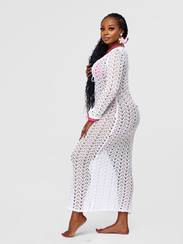 Long Sleeve White Knit Beach Dress