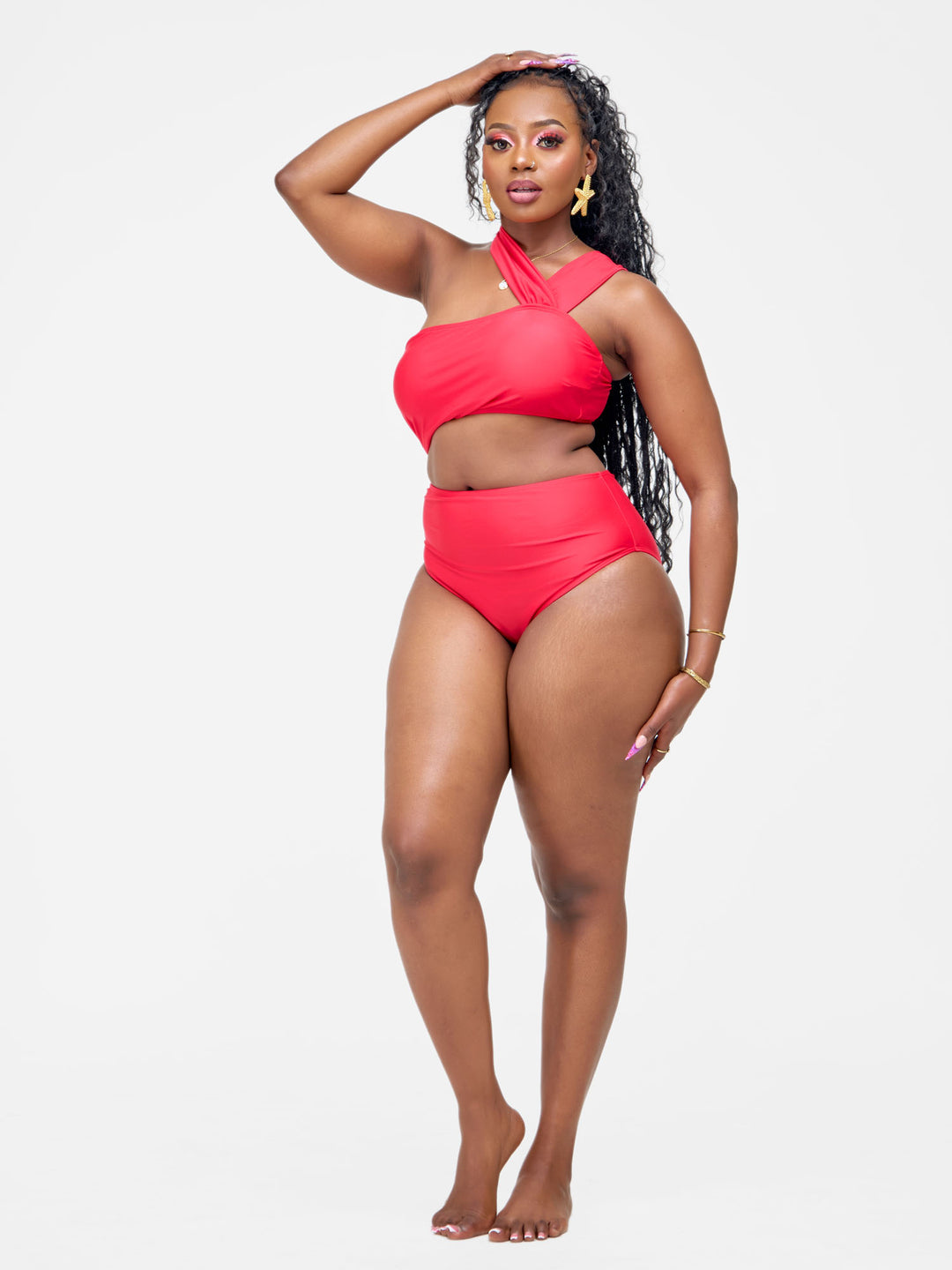 Cut out waist one piece red
