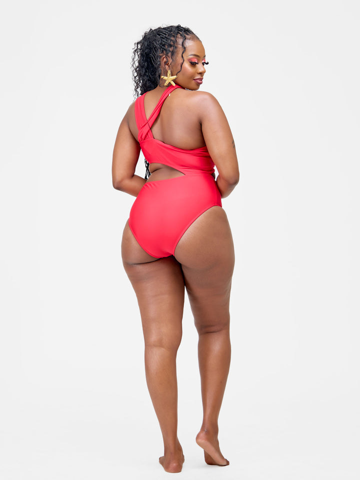 Cut out waist one piece red