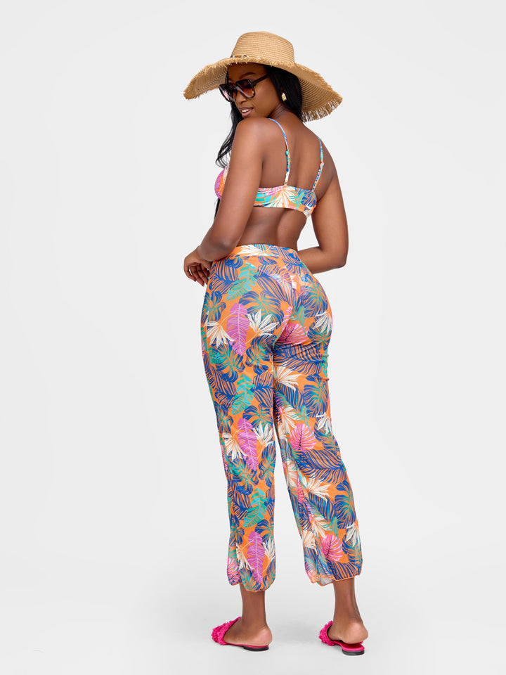 Tropical print 3pc bikini with sheer pants