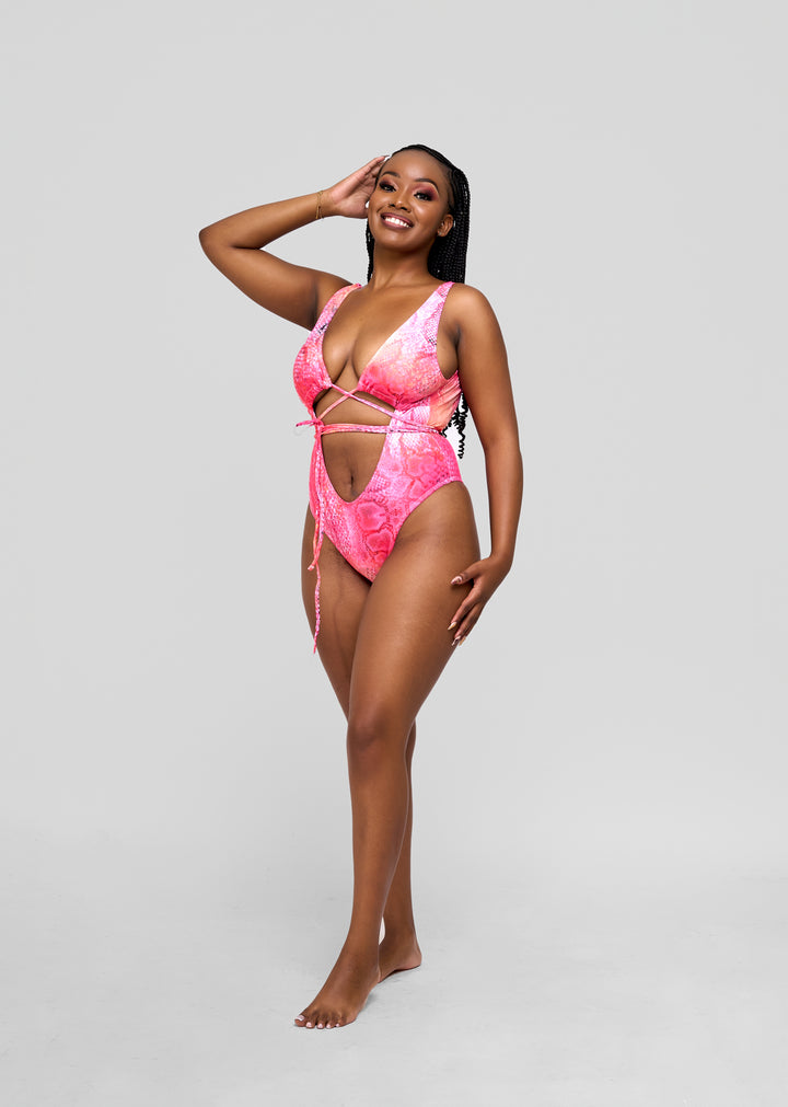 Pink snake print monokini