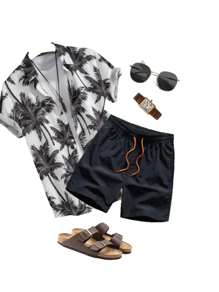 Palm print shirt with black shorts set