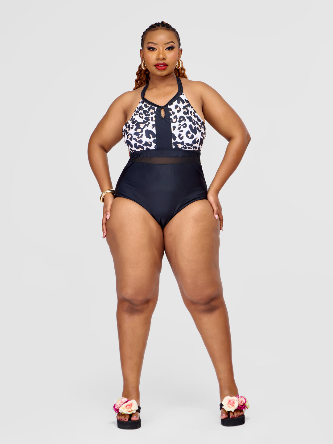 Animal Print One-Piece Swimsuit with Sheer Panels