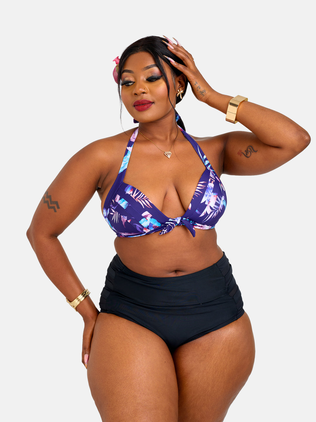 Floral high waisted halter bikini