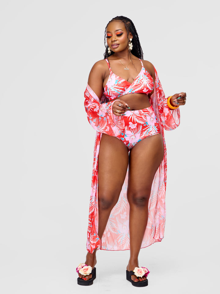 3pc floral high waist bikini with kimono