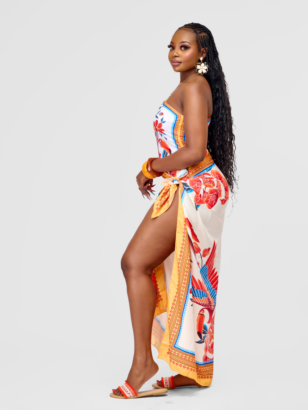 One-Shoulder One-Piece Swimsuit with Pecan Print & Matching Sarong