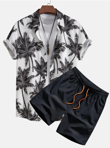 Palm print shirt with black shorts set