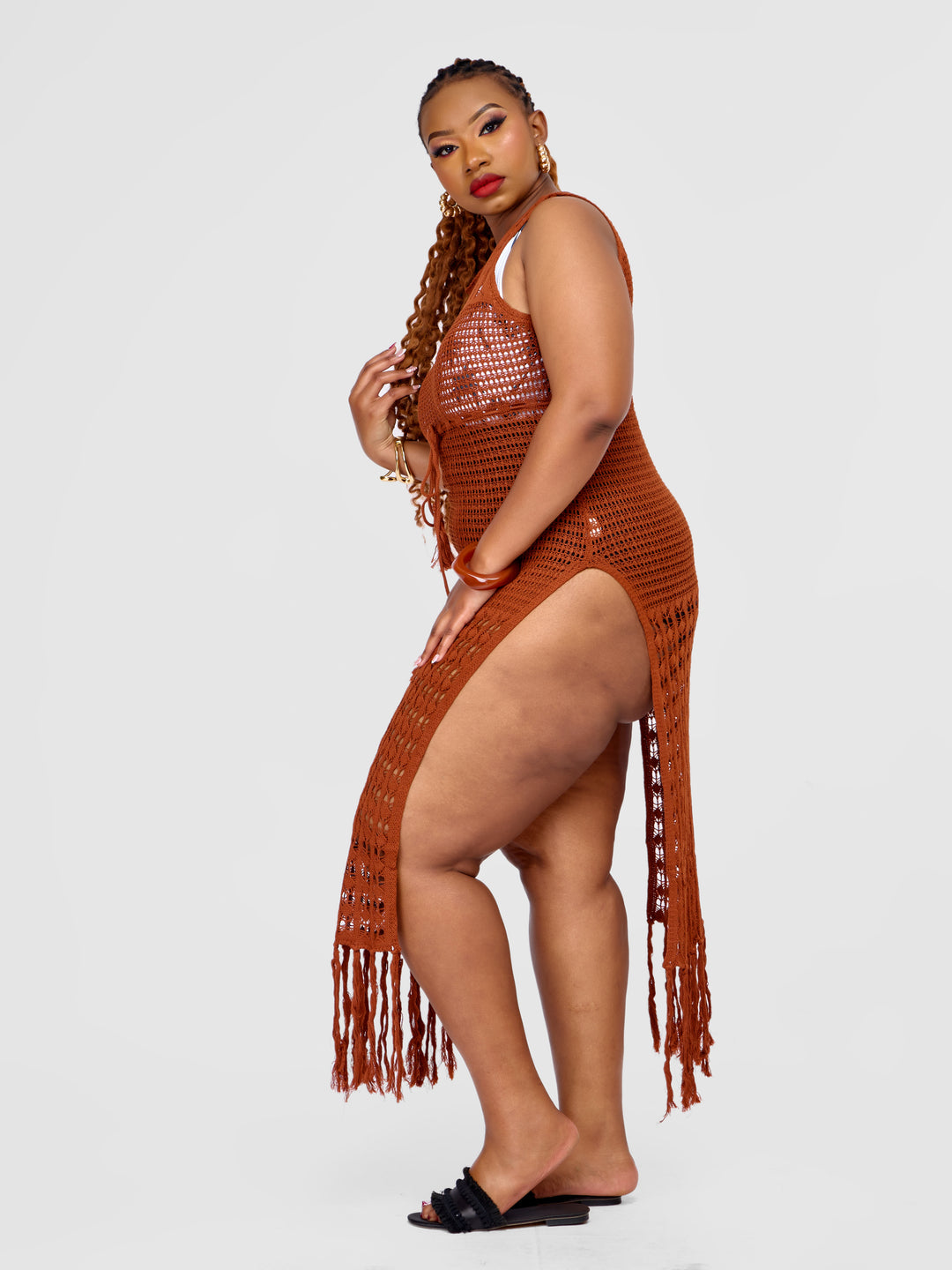 Beach Knit Dress with High Slits & Tassels