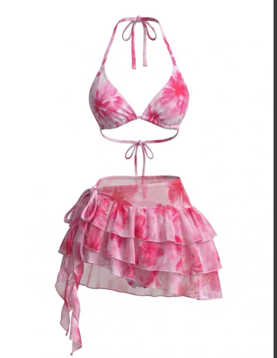 Floral halter mesh ruffle skirt bikini set