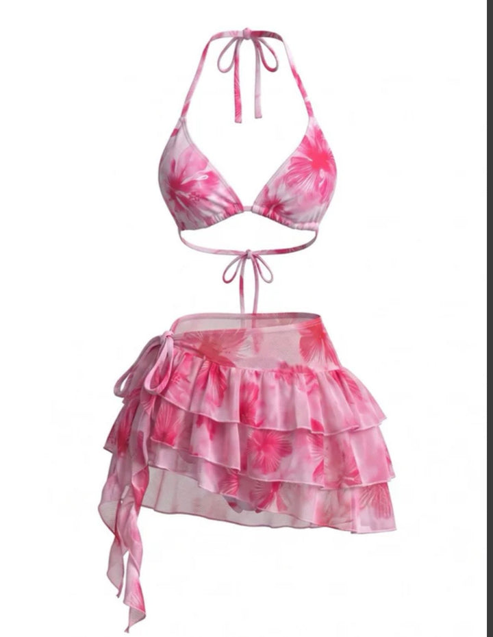 Floral halter mesh ruffle skirt bikini set