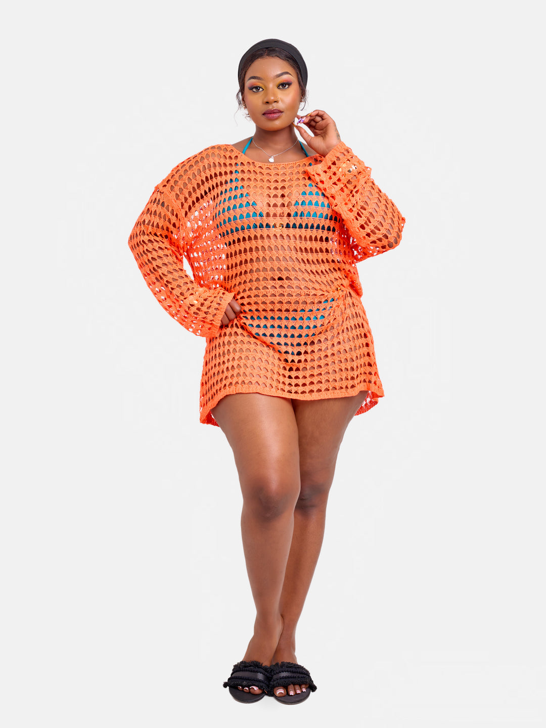 Mini long sleeve oversized crotchet beach cover up