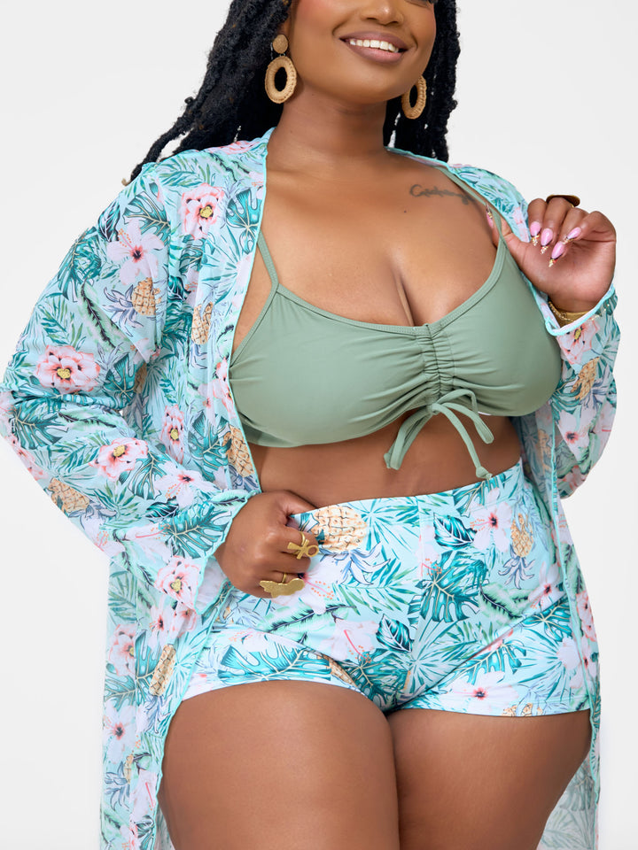 3pc green floral shorts with kimono
