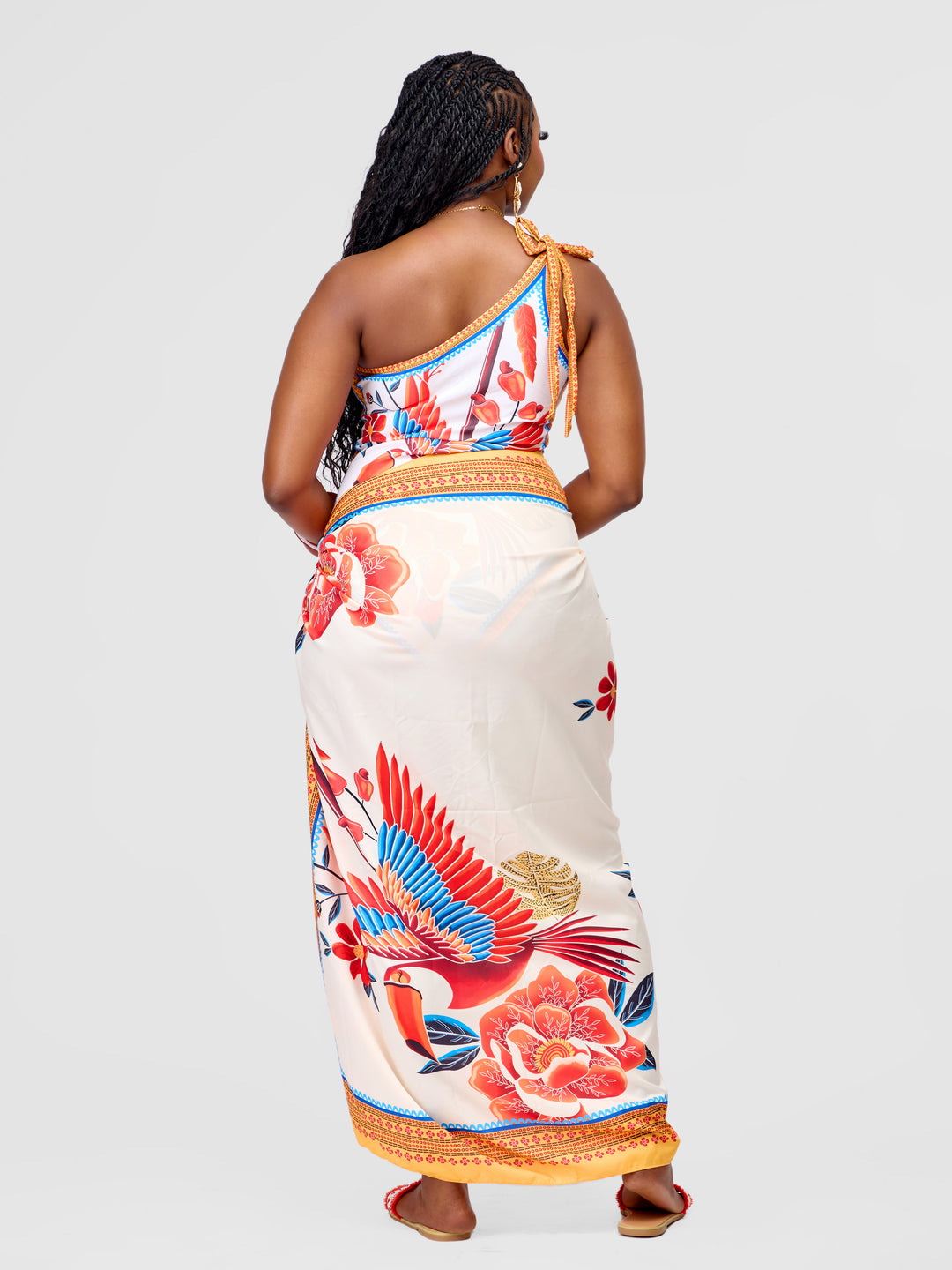 One-Shoulder One-Piece Swimsuit with Pecan Print & Matching Sarong