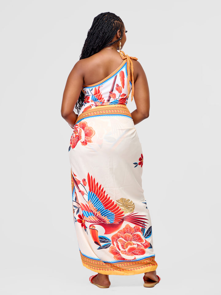 One-Shoulder One-Piece Swimsuit with Pecan Print & Matching Sarong