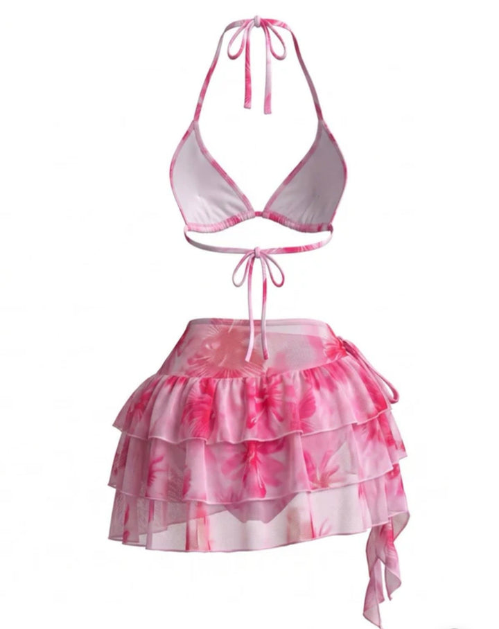 Floral halter mesh ruffle skirt bikini set