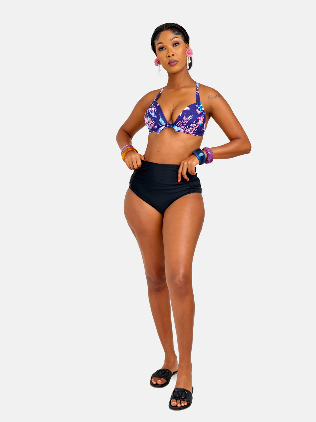 Floral high waisted halter bikini