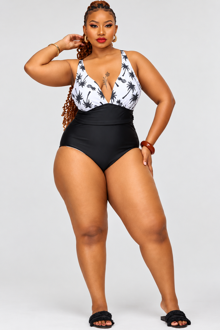 Palm print plus size one piece