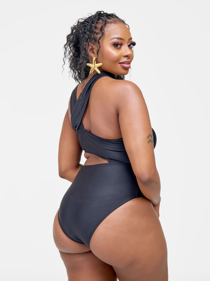 Cut out waist one piece black