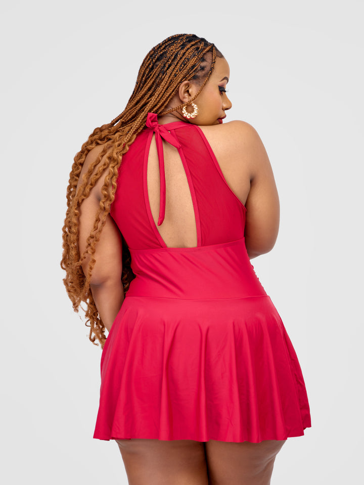 Maroon Beach Swimming Dress with Bow Detail
