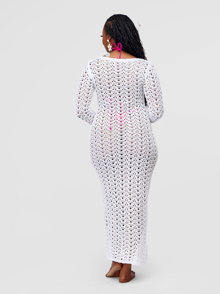 Long Sleeve White Knit Beach Dress