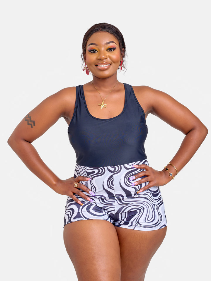 Fluid print one piece with shorts