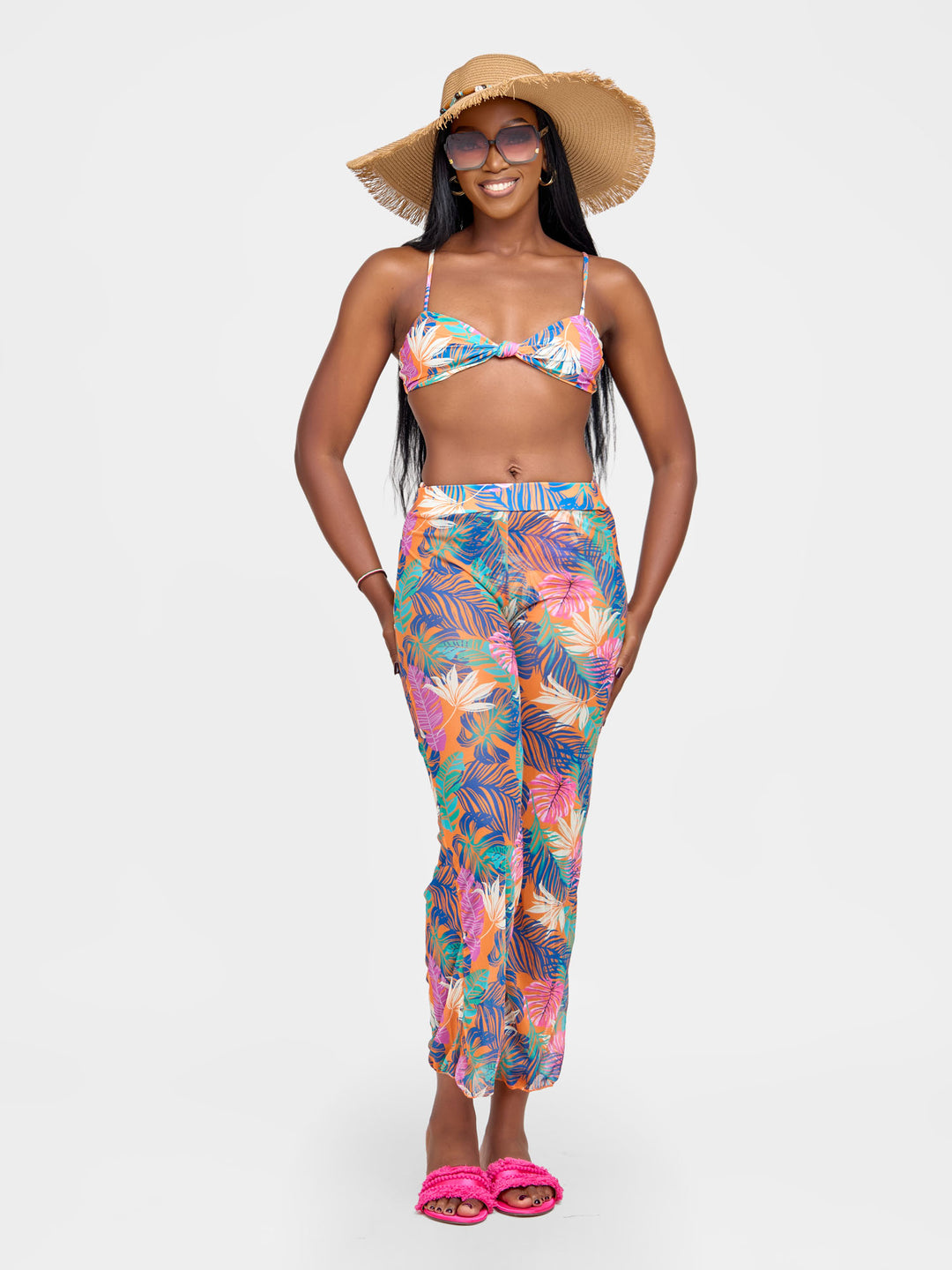 Tropical print 3pc bikini with sheer pants