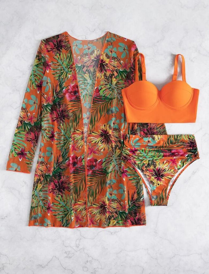 Tropical high waist bikini with midi kimono