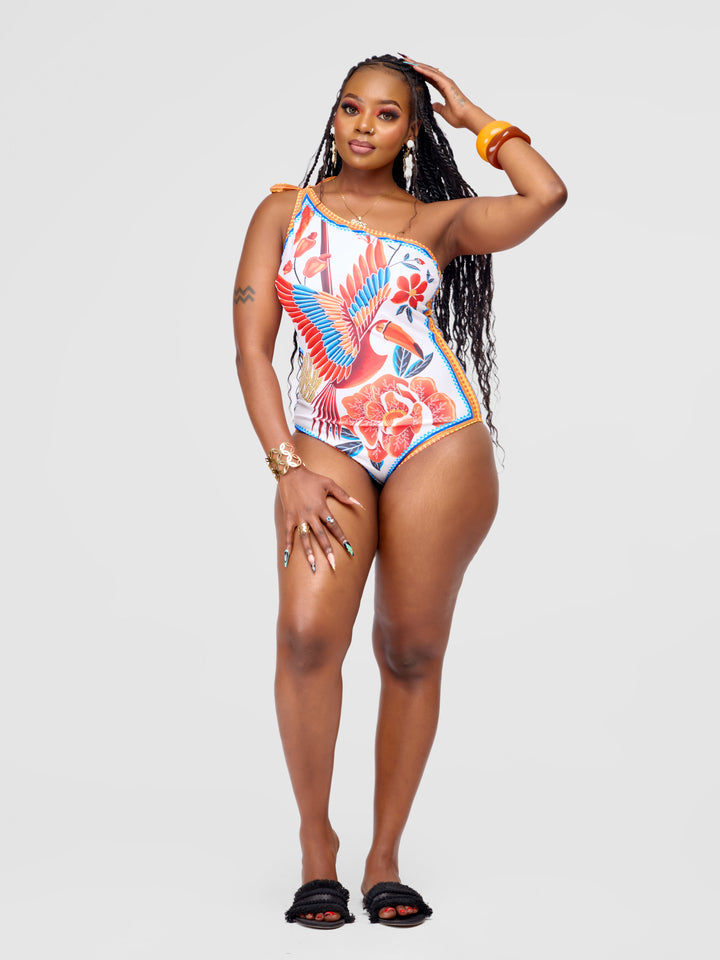 One-Shoulder One-Piece Swimsuit with Pecan Print & Matching Sarong