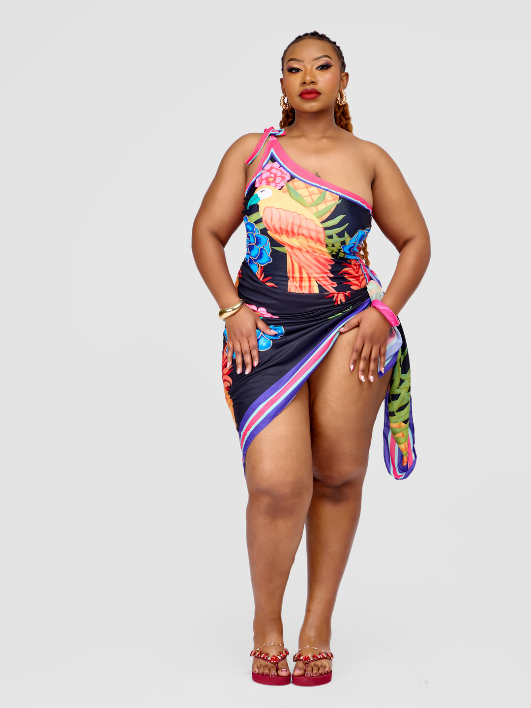One-Shoulder One-Piece Swimsuit with Parrot Print & Matching Sarong