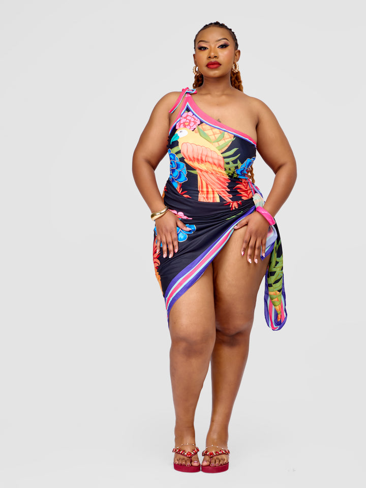 One-Shoulder One-Piece Swimsuit with Parrot Print & Matching Sarong