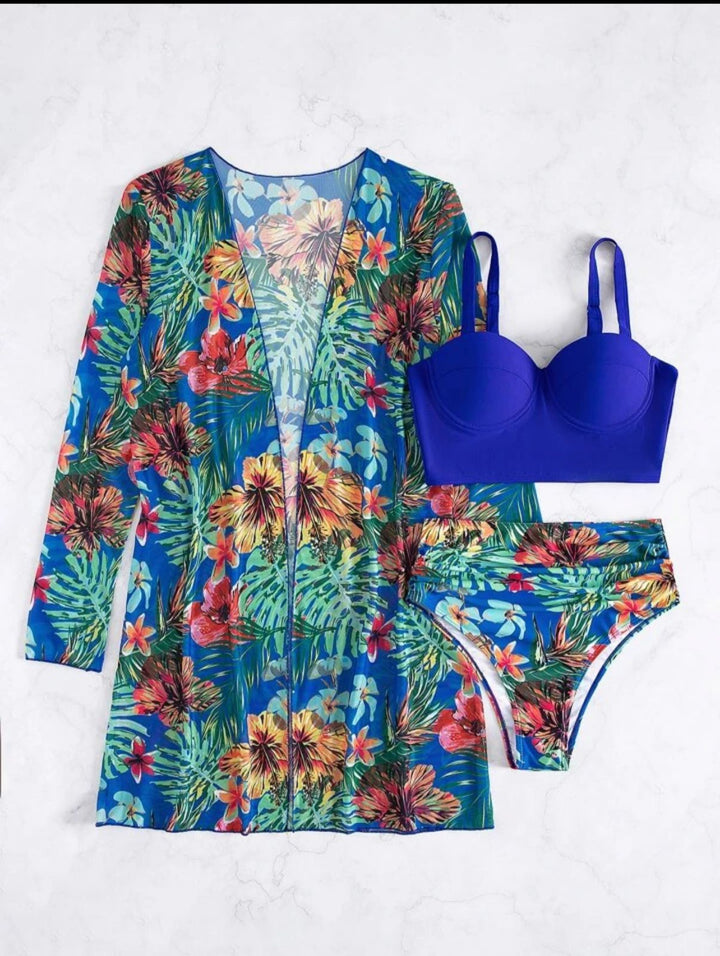 Tropical high waist bikini with midi kimono