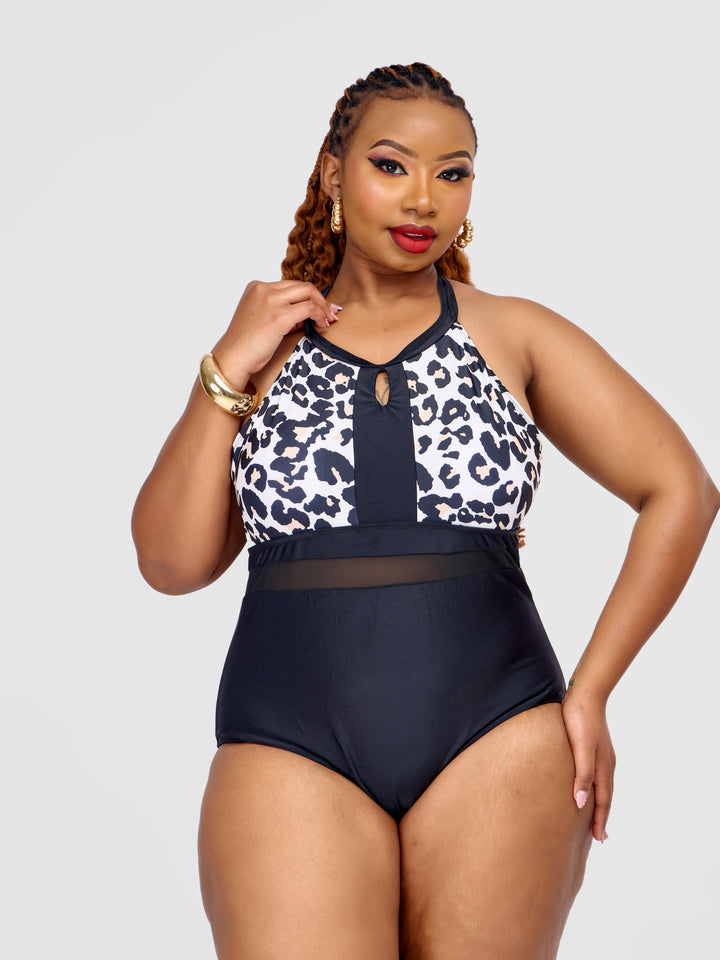 Animal Print One-Piece Swimsuit with Sheer Panels