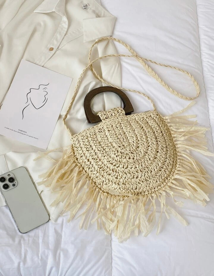 Beige tassel sling bag