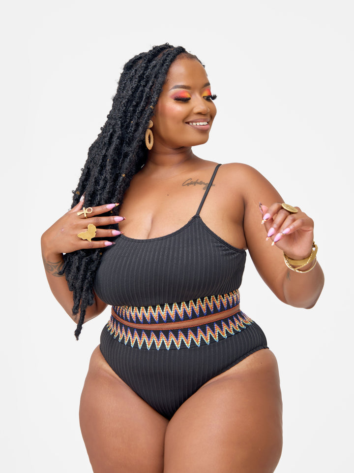 Ribbed contrast trim bikini black