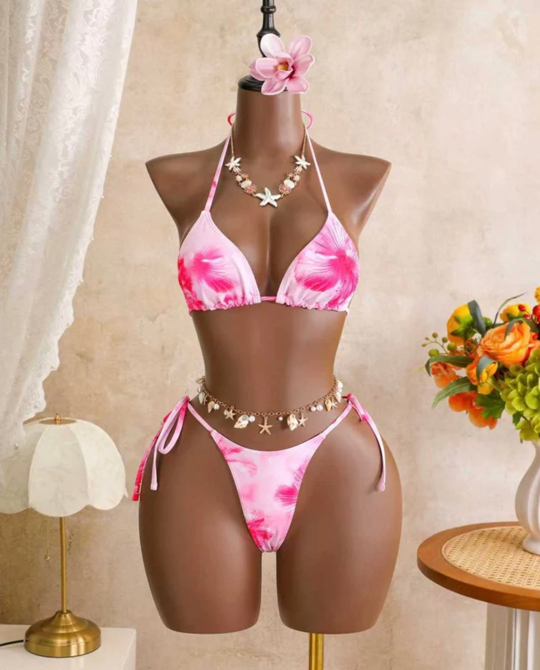 Floral halter mesh ruffle skirt bikini set