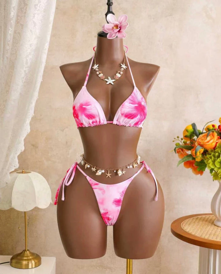 Floral halter mesh ruffle skirt bikini set
