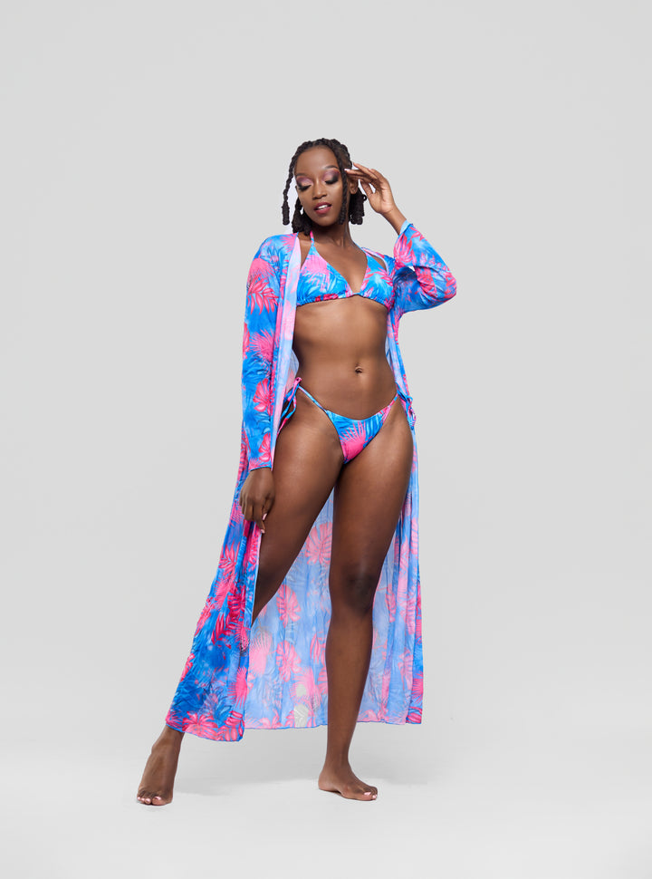 Pink blue strings bikini with cover up